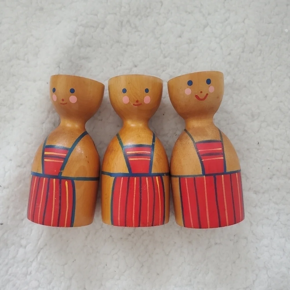 Scare Swedish MID-20TH Hand Painted Wooden Egg Holders WOT‎ Spoons Set Of 3.